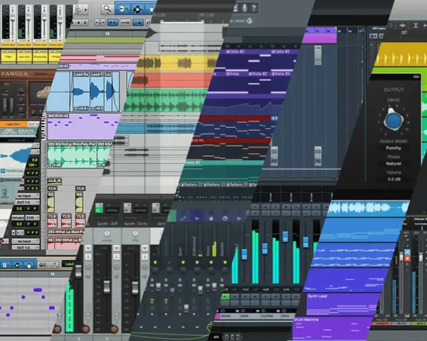 Wielobarwny kolaż ekranów programów muzycznych, ukazujący ścieżki audio, miksery i edytory MIDI.