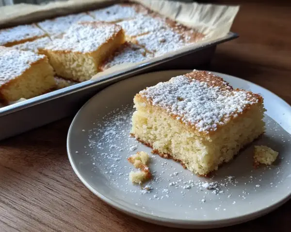 En bit fluffig, nybakad mjuk kaka med pudersocker på en grå tallrik. Resten av kakan syns i en ugnsform i bakgrunden.