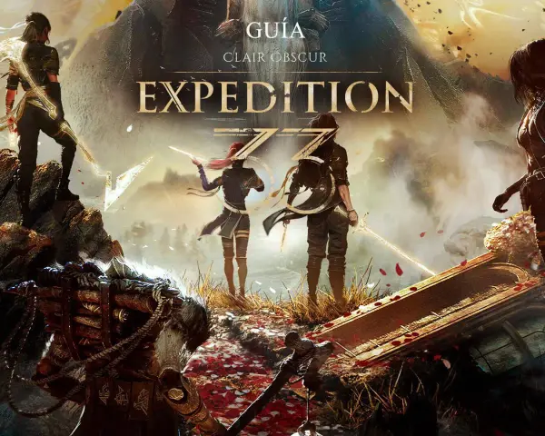 Guía oficial de Expedition 33, con guerreros listos para la aventura en un paisaje místico.