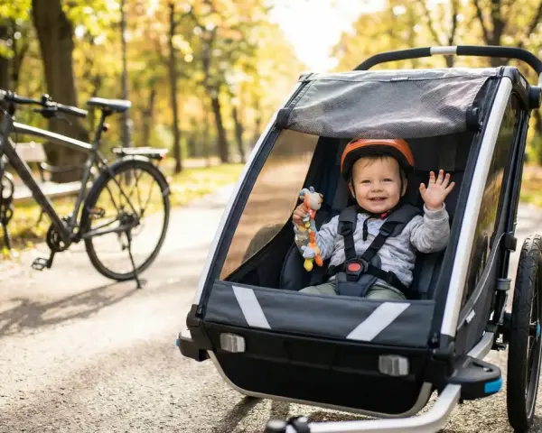 Uśmiechnięte dziecko w kasku w przyczepce rowerowej. Od jakiego wieku można wozić malucha w takiej przyczepce? Odpowiedź znajdziesz w instrukcji producenta.
