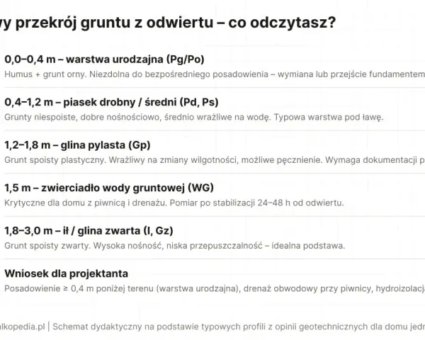 Przekrój gruntu: warstwa urodzajna, piasek, glina pylasta, zwierciadło wody, glina zwarta. Wniosek dla projektanta: posadowienie poniżej warstwy urodzajnej, drenaż, hydroizolacja. Analiza warunków geotechnicznych.