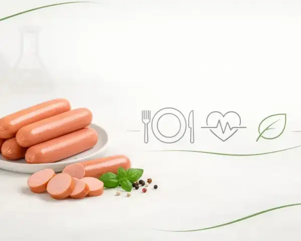 Parówki na talerzu i obok plasterki z bazylią. Czy parówki są lekkostrawne? Ikony zdrowia i natury sugerują pozytywną odpowiedź.