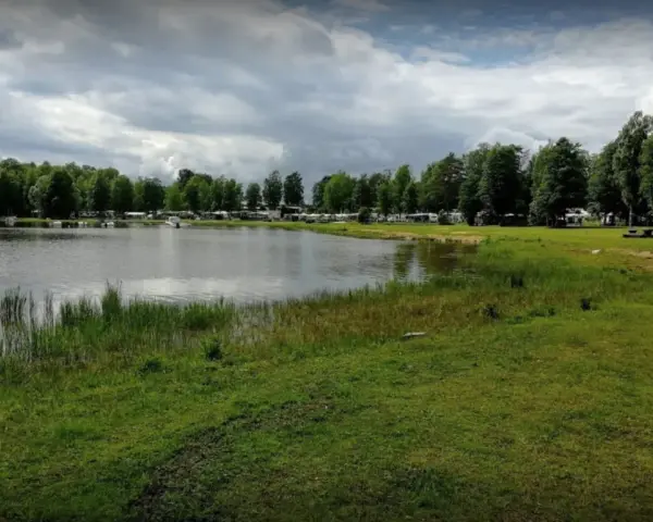 Vacker sjö vid Torsvikens camping med husbilar och träd.