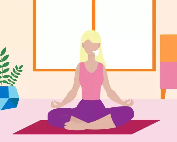 A woman meditates, breathing deeply to relax mind and body.
