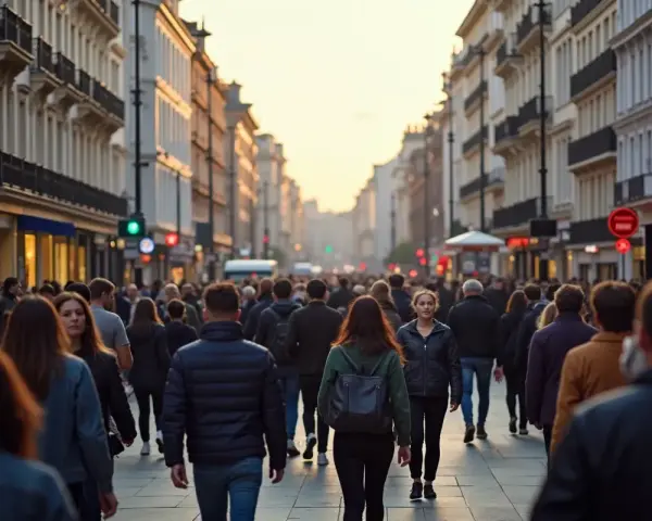 Tłum ludzi na ruchliwej ulicy w Londynie. Czy w Londynie jest bezpiecznie? Wiele osób spaceruje, robi zakupy, a słońce zachodzi.