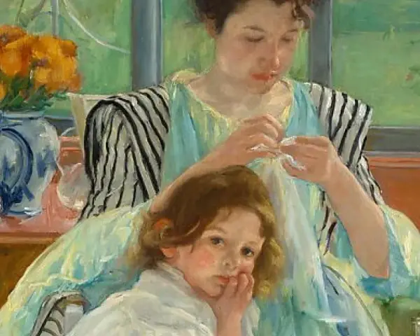 Obraz Mary Cassatt: matka z dzieckiem, siedzą przy oknie, w wazonie pomarańczowe kwiaty.
