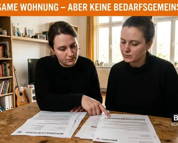 Zwei Frauen prüfen Dokumente, die auf eine getrennte Lebenssituation in einer Wohnung hindeuten, während sie Hartz 4 beantragen.