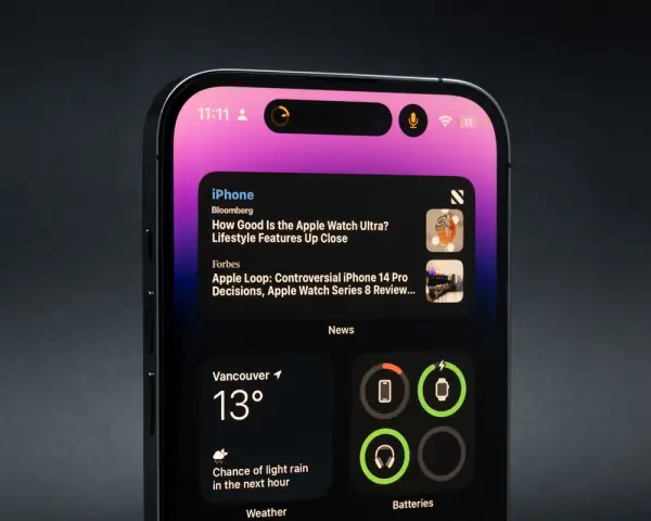 Nowy iPhone z dynamic island, wyświetlający wiadomości i pogodę.
