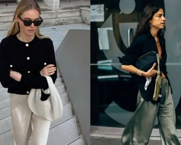 Dos mujeres lucen ropa de ricos: una con cárdigan negro y pantalón beige, la otra con camisa negra y pantalón verde.