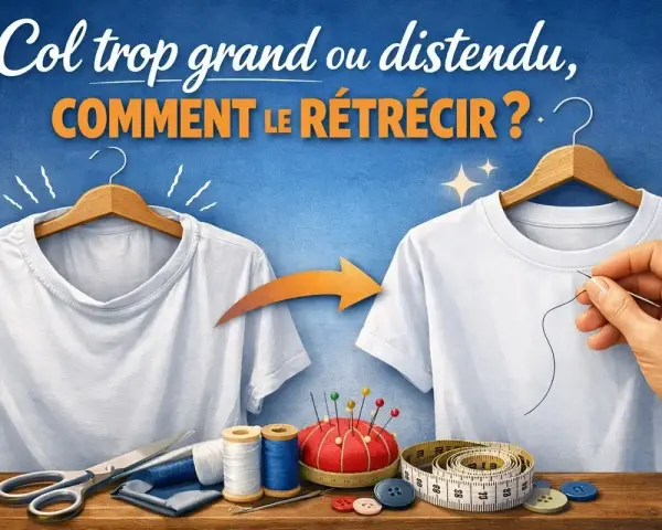 Avant/après : un col de t-shirt trop grand est retravaillé. Apprenez comment coudre un col rond parfait avec cette illustration de couture.