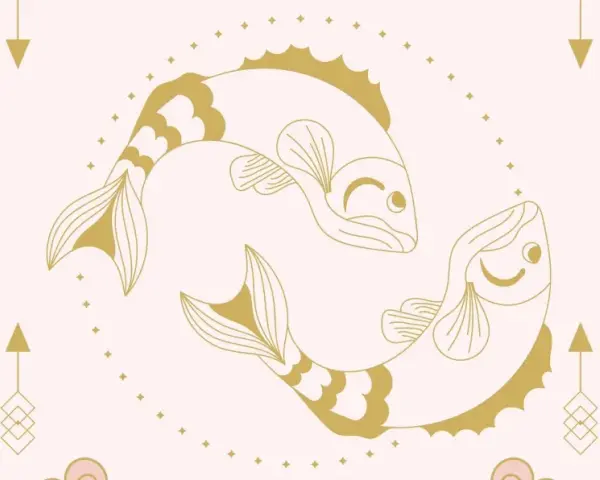 Dwa złote ryby, symbol znaku zodiaku Ryby, pływają w otoczeniu gwiazdek i geometrycznych ozdób.