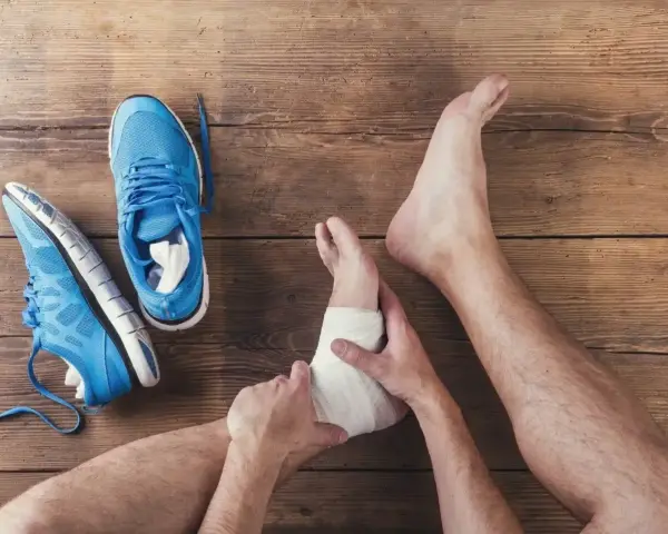 Noga z bandażem na kostce, obok niebieskie buty sportowe. Wciąż widoczna opuchlizna 2 miesiące po skręceniu kostki.