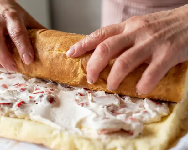 Ręce zwijają biszkopt z kremem i truskawkami. To najprostsza rolada biszkoptowa, która zachwyci smakiem.