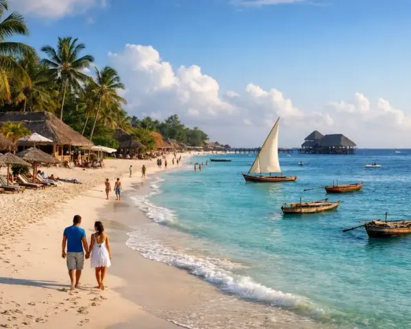 Para na plaży, palmy, łodzie i turkusowa woda. Idealne miejsce na wycieczkę Zanzibar.