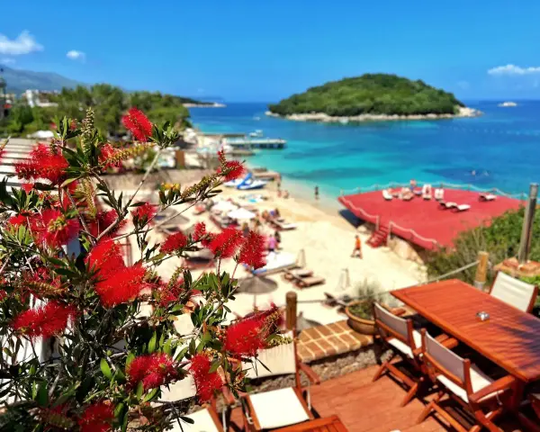 Albania camping nad morzem: czerwone kwiaty na tarasie z widokiem na piaszczystą plażę, turkusowe morze i zieloną wyspę.