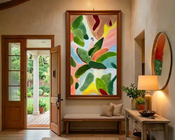 Un recibidor acogedor con un gran cuadro abstracto, obra de un comisariado de arte, invita a pasar. La luz entra por la puerta abierta, revelando un jardín.