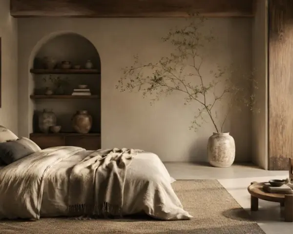 Sypialnia w stylu wabi sabi. Naturalne materiały, łóżko z lnianą pościelą, ceramiczne wazony i gałązka w wazonie tworzą spokój.