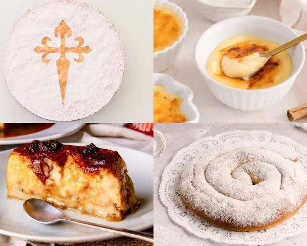 Pastel de Santiago, crema catalana y ensaimada, un festín de postres españoles.