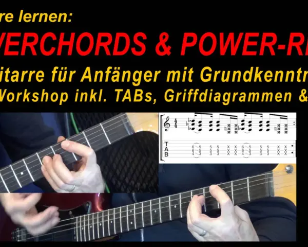 E-Gitarre lernen: POWERCHORDS & POWER-RIFFS. Rockgitarre für Anfänger mit TABs, Griffdiagrammen & Noten. Zeigt Hände beim Spielen von Powerchords auf einer E-Gitarre.