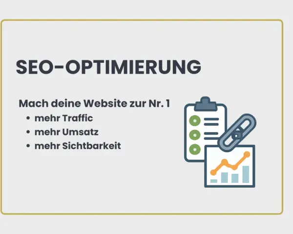 SEO-Optimierung: Mehr Traffic, Umsatz & Sichtbarkeit für deine Website. Checkliste, Diagramm & Link-Symbol illustrieren die Aufgaben.