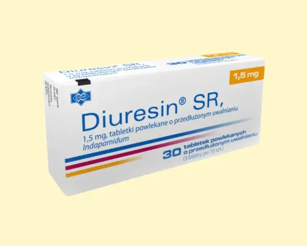 Opakowanie leku Diuresin SR 1,5 mg, zawierające 30 tabletek powlekanych o przedłużonym uwalnianiu z indapamidem.