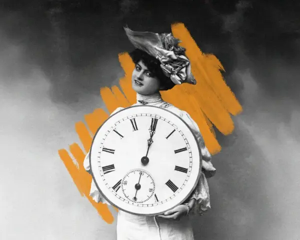 A woman in a vintage hat holds a large clock, its hands pointing to the fifth canonical hours.