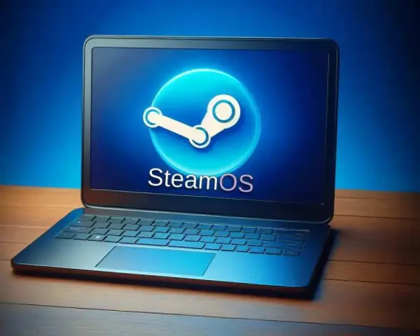 Portátil con el logo de SteamOS brillando en la pantalla, listo para jugar.