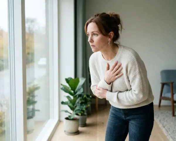 Woman with hands on chest looking out a window, appearing distressed.