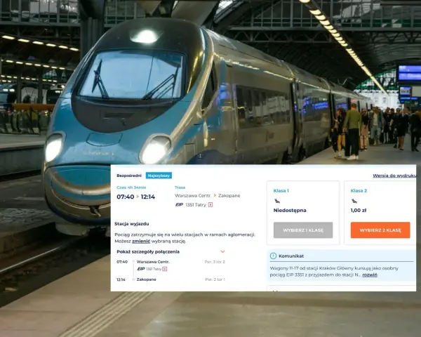 Nowoczesny pociąg na dworcu, obok ekran z ofertą biletów do Zakopanego.