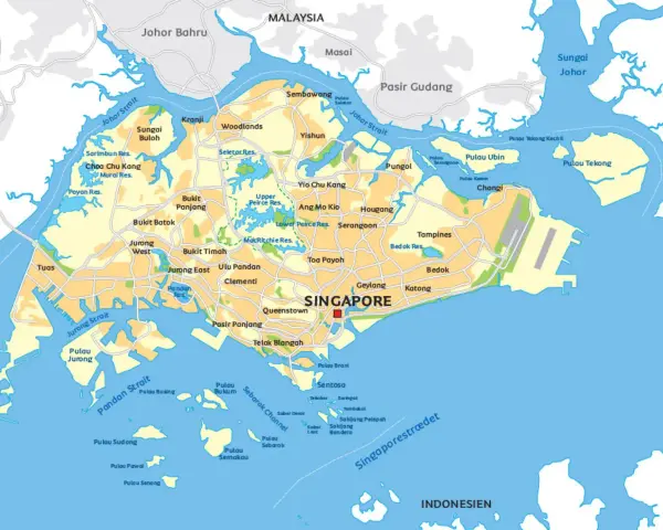 Mapa Singapuru z zaznaczonym miastem, okolicznymi wyspami, Malezją i Indonezją.