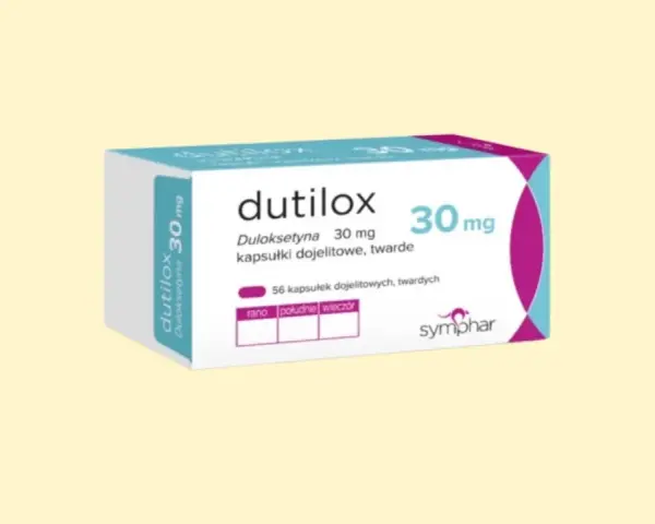 Opakowanie leku Dutilox 30 mg z duloksetyną, zawierające 56 kapsułek.