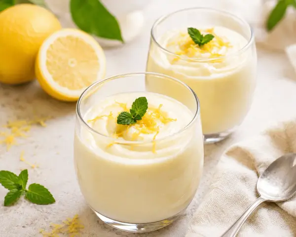Due bicchieri di soffice mousse al limone, guarniti con scorza di limone e menta fresca. Sullo sfondo, limoni interi e tagliati.
