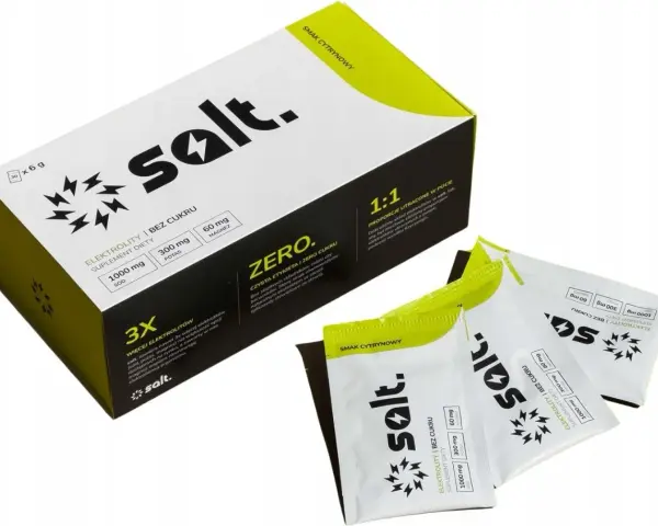 Opakowanie i saszetki z elektrolitami Salt. Bez cukru, smak cytrynowy. Idealne, gdy zastanawiasz się, jakie elektrolity najlepsze dla uzupełnienia po wysiłku.