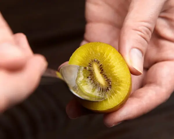 Złote kiwi, z widocznymi nasionami, jest wydrążane łyżeczką. To owoc pełen witamin, a jego kiwi właściwości doceniane są przez wielu.
