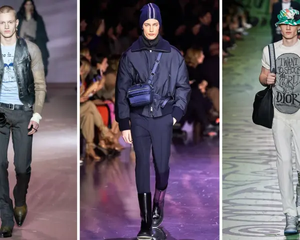 Modelli in passerella mostrano diversi stili di taglio pantaloni uomo: slim fit gessato, dritto blu navy e chino bianchi.