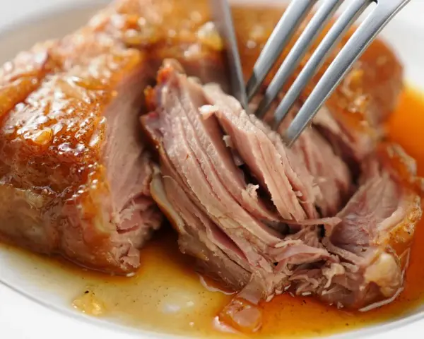 Une rouelle de porc fondante, la viande se détache facilement à la fourchette, baignant dans une sauce dorée. Parfait pour une recette rouelle de porc fondante.