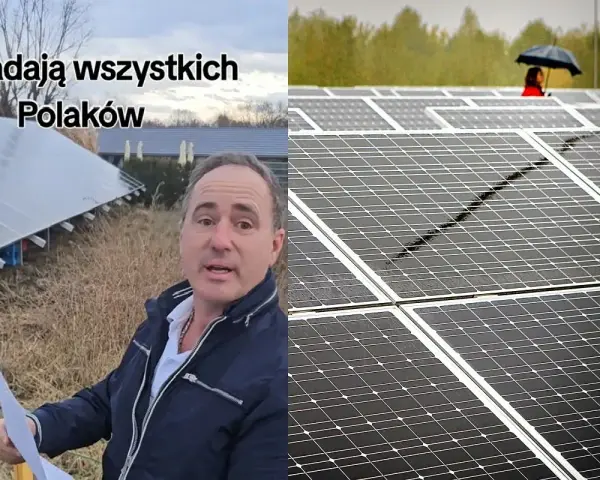 Mężczyzna przy panelach słonecznych, sugerujący, że "Tauron mój prąd" okrada Polaków. W tle widać kolejne panele i osobę z parasolem.