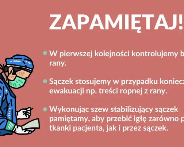 Chirurg w masce i fartuchu pokazuje, jak używać sączka do rany, by ewakuować np. treść ropną.