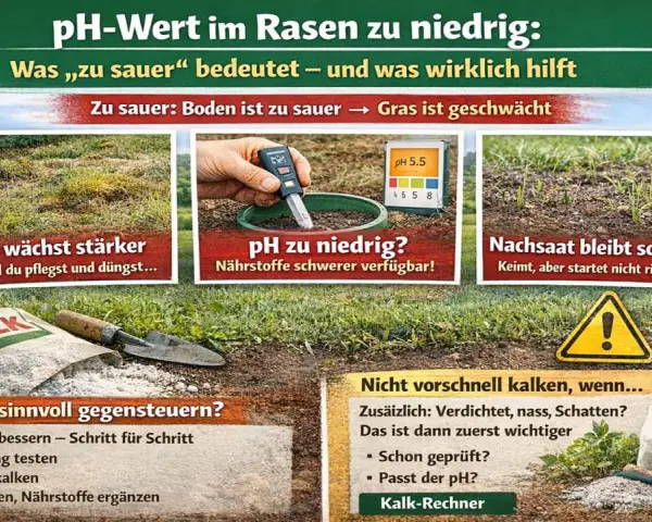 Rasen mit zu niedrigem pH-Wert: Moos wächst, Nachsaat schwach. Mit Kalk den pH-Wert verbessern. Was tun bei Rasen pH-Wert 7?