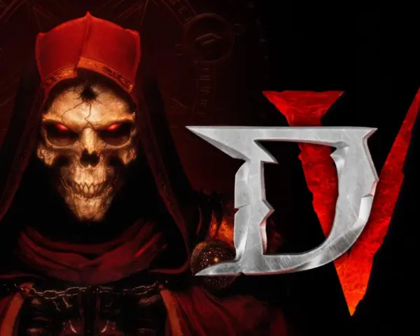 Mroczny, czaszkopodobny byt w czerwonej szacie z płonącymi oczami, obok logo Diablo 5.