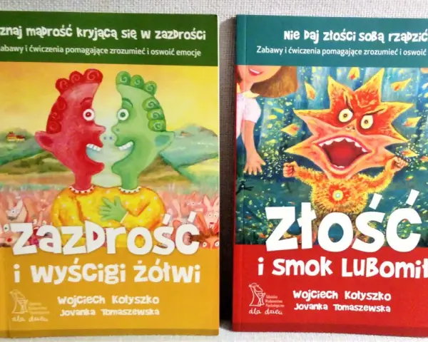 Dwie książki dla dzieci: "Zazdrość i wyścigi żółwi" oraz "Złość i smok LuBomit". To filmy animowane o emocjach, które pomagają je zrozumieć.