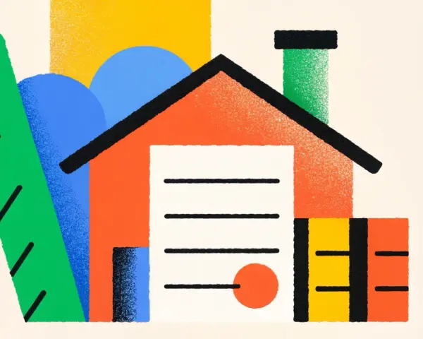Illustration abstraite d'une maison avec des formes géométriques colorées. Le concept de servitude par destination du père de famille est représenté par l'ensemble harmonieux des éléments.