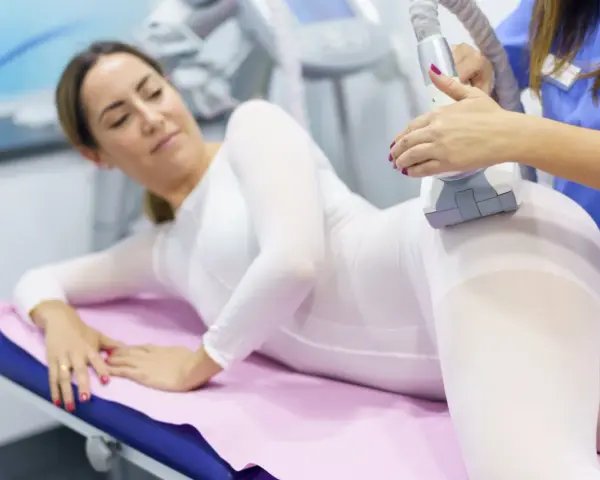 Kobieta w białym kombinezonie poddaje się zabiegowi endermologii. Czy to lepsze niż lipolaser czy liposukcja kawitacyjna?