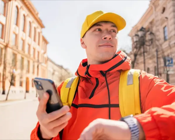 Kurier Glovo w żółtej czapce i pomarańczowej kurtce sprawdza telefon, gotowy do odbioru płatności Glovo cash.