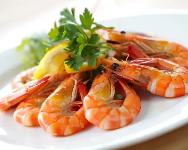 Gambas al ajillo receta: jugosas gambas cocinadas con ajo y perejil, servidas con limón y lechuga en un plato blanco.