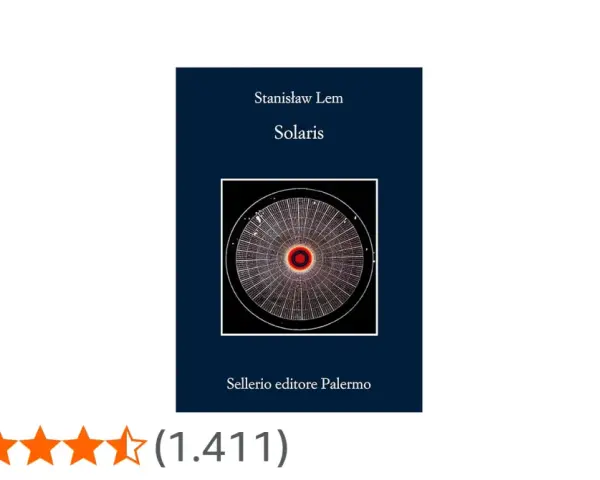 Copertina del libro "Solaris" di Stanisław Lem, con un'immagine astratta e la valutazione 4,3 stelle. La trama di Solaris esplora la natura della coscienza.