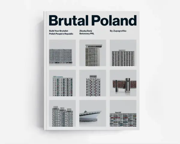 Okładka książki "Brutal Poland" z kolażem zdjęć betonowych budynków, prezentująca polski **brutalizm**.