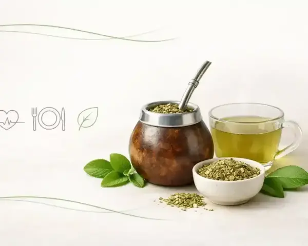 Niskie yerba mate kcal. Tradycyjny naczynie z bombillą, filiżanka naparu i miseczka suszu, otoczone świeżymi listkami.