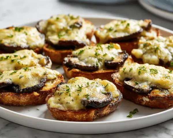 Chrupiące zapiekanki z airfryer z grzybami i ciągnącym serem, posypane ziołami. Idealna przekąska!