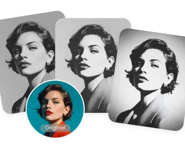 Trois portraits d'une femme en **couleur noir et blanc**, montrant différentes intensités de gris. L'original est en couleur.